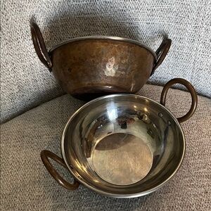 Hammered copper KADAI serving bowl brass handles stainless steel center 6”